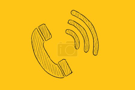 Téléchargez les photos : Icône de téléphone dessinée sur fond jaune. Centre de contact, centre d'appels, centre de service, centre d'information, service clientèle. - en image libre de droit