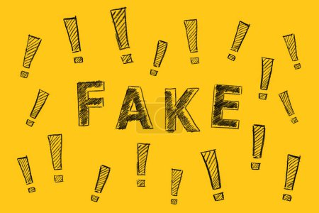 Photo for The word FAKE and exclamation marks written on yellow background. Information and disinformation concept. Fake news. Hand drawn illustration. - Royalty Free Image