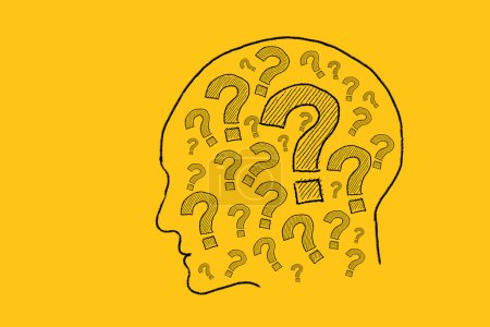Photo for A hand-drawn illustration on a yellow background featuring a human head filled with question marks. - Royalty Free Image