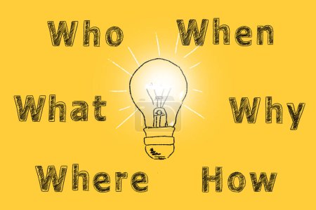 Photo for Six most common questions Who, What, where, when, why, how with question mark. Asking questions. Having answers. Illustration on yellow. FAQ. Brainstorming process. - Royalty Free Image