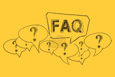 Hand drawn text FAQ, question marks with speech bubbles on yellow background. Frequently Asked Questions.