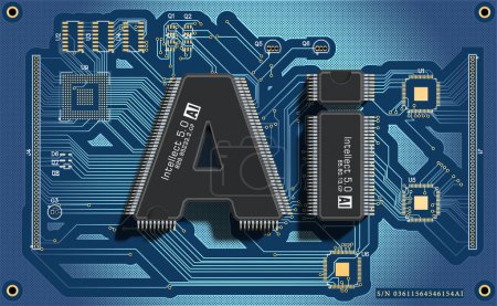 Foto de Dos microchips en forma de letras AI en un tablero electrónico. Concepto de Inteligencia Artificial. 3d renderizar. - Imagen libre de derechos