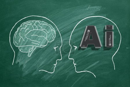 Human intelligence vs artificial intelligence. Face to face. Duel of views. Hand drawn illustration on a school blackboard.-stock-photo
