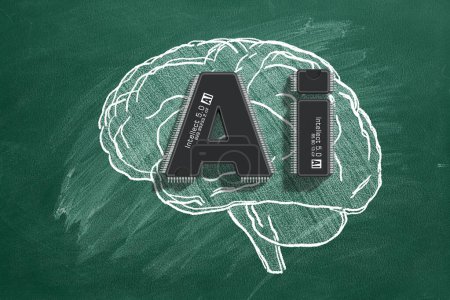 Foto de Dos microchips en forma de las letras AI integradas con el cerebro humano representan la fusión de vanguardia de la tecnología y la cognición. La Inteligencia Artificial expande las capacidades humanas. - Imagen libre de derechos
