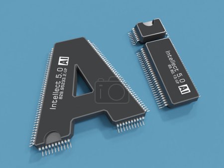 Foto de Inteligencia sintética. La fusión de A y I. Dos microchips diseñados en las formas de las letras A y I se unen para formar la abreviatura AI, que simboliza la inteligencia artificial. 3d renderizar - Imagen libre de derechos