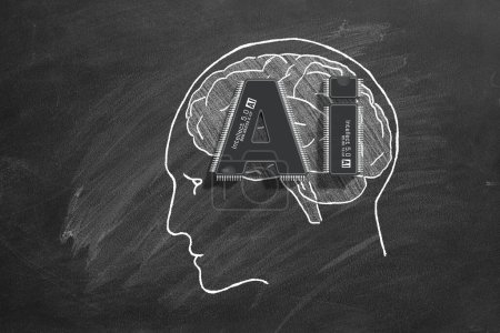 Téléchargez les photos : Deux micropuces sous la forme des lettres AI intégrées au cerveau humain représentent la fusion de pointe de la technologie et de la cognition. Intelligence artificielle, traitement du langage naturel. - en image libre de droit