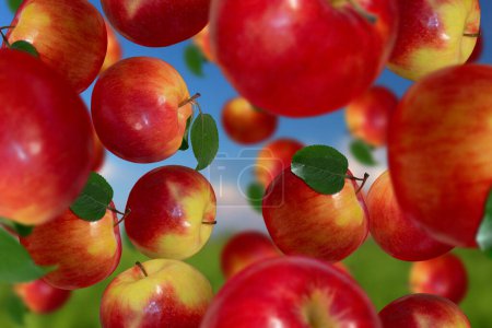 Téléchargez les photos : Pommes rouges juteuses tombant sur le fond du ciel. - en image libre de droit