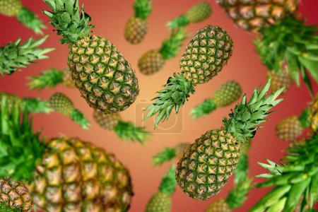 Photo for Many fresh pineapples falling down on red background - Royalty Free Image