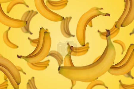Foto de Muchos plátanos frescos cayendo sobre fondo amarillo - Imagen libre de derechos