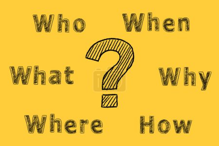Photo for Six most common questions Who, what, where, when, why, how with question mark. Asking questions. Having answers. Ask us, more information, research, concept. Hand drawn Illustration on yellow. FAQ - Royalty Free Image