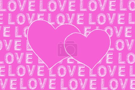 Téléchargez les photos : Illustration de deux cœurs dessinés en blanc et mot AMOUR est répété dans toute l'image sur un fond rose. - en image libre de droit