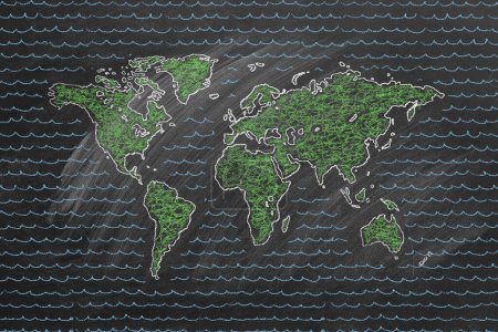 Carte du monde dessinée à la craie. Croquis sur un tableau noir.