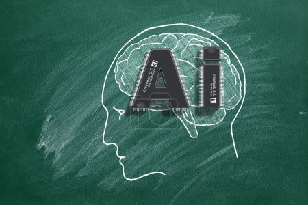 Two microchips in the form of the letters AI integrated with the human brain represent the cutting-edge fusion of technology and cognition. Artificial Intelligence, Natural Language Processing.