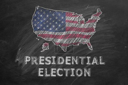 The inscription PRESIDENTIAL ELECTION and map of US in the colors of the American flag is drawn with chalk on a blackboard. US Presidential election 2024. Election Day in United States