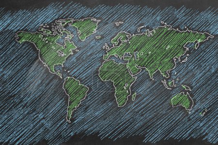 Photo for World map hand drawn in chalk. Sketch on a blackboard. - Royalty Free Image