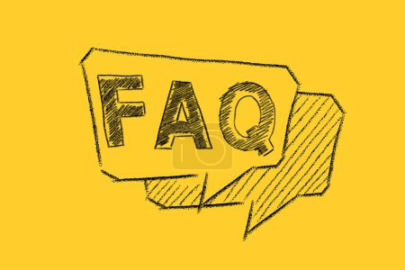 Téléchargez les photos : Texte de dessin à la main FAQ avec bulle de parole sur fond jaune - en image libre de droit