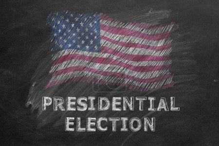The inscription PRESIDENTIAL ELECTION and American flag is drawn with chalk on a blackboard. US Presidential election 2024. Election Day in United States