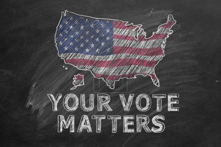 The inscription YOUR VOTE MATTERS and map of US in the colors of the American flag is drawn with chalk on a blackboard. US Presidential election 2024. Election Day in United States