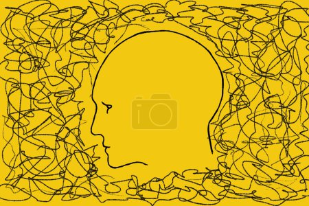Foto de Silueta de cabeza humana con línea enredada afuera. Ilustración en amarillo. Concepto de trastorno de personalidad y depresión, pensamiento caótico, confusión, búsqueda de solución - Imagen libre de derechos