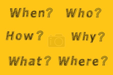 Foto de Seis preguntas más comunes Quién, qué, dónde, cuándo, por qué, cómo con signo de interrogación. Haciendo preguntas. Tener respuestas. Ilustración en amarillo. FAQ - Imagen libre de derechos