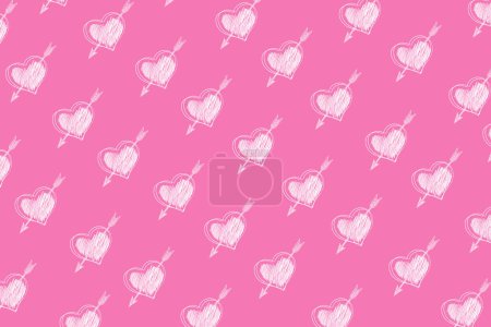 The pattern with hearts and Cupid's arrows drawn on pink background. Love, romance, valentine day.
