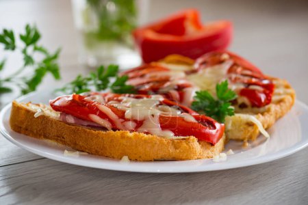 Téléchargez les photos : Sandwich chaud de pain grillé frit avec des poivrons cuits au four et du fromage, dans une assiette sur une table en bois - en image libre de droit