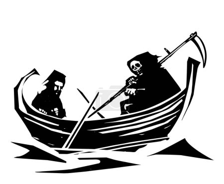 Woodcut style expressionistic image of a man in a rowboat with death on the river styx.