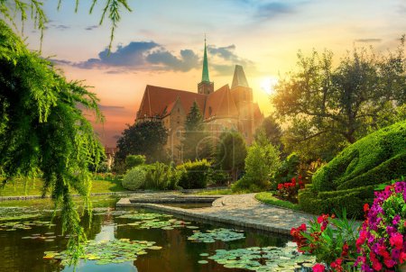 Botanischer Garten von Breslau. Blick auf den Dom und den See mit Lotusblumen