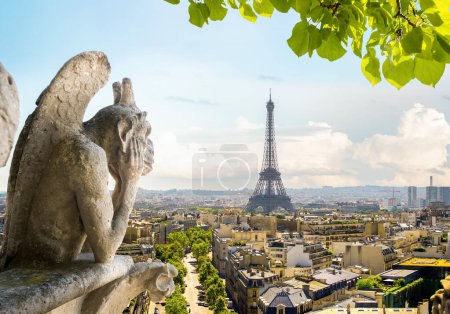 Vue sur la Tour Eiffel et les chimères depuis Notre Dame de Paris, France
