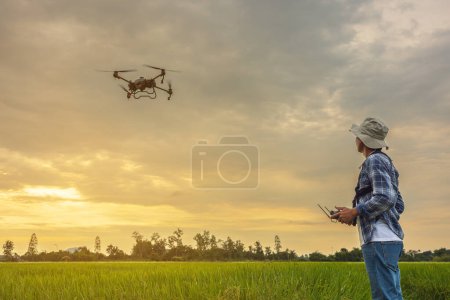 A farmer in a cap stands in a lush wheat field, directing a drone that is flying above the edge. Male controlling the equipment. Farming technologies