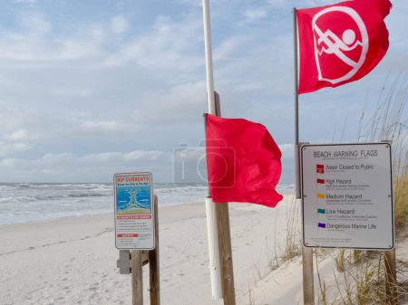 Foto de Banderas rojas y señales explicativas indican que el agua está cerrada al público y prohíben nadar en el océano debido a las peligrosas condiciones de oleaje, sotobosque y tormenta. - Imagen libre de derechos
