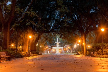 Photo for Forsyth Park Fountain famous landmark at night in Historic District of City of Savannah, Georgia, USA - Royalty Free Image