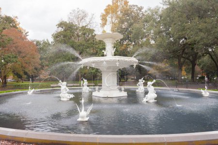 Photo for Forsyth Park Fountain famous American architecture history landmark in Historic District of City of Savannah, Georgia, USA - Royalty Free Image