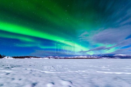 Spectacular display of intense Northern Lights or Aurora borealis or polar lights forming green swirls over frozen Lake Laberge, Yukon Territory, Canada winter landscape