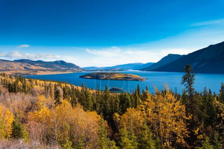Photo for Indian summer autumn fall landscape of Windy Arm of Tagish Lake with Bove Island near Carcross, Yukon Territory, Canada - Royalty Free Image