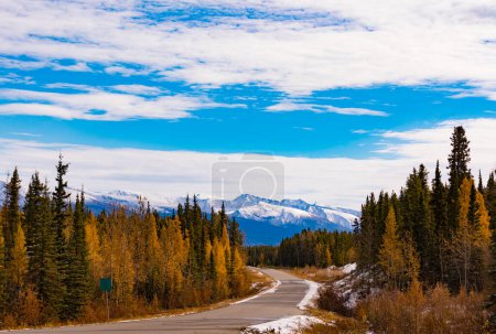 Erster Schnee im Spätherbst oder frühen Winter auf dem nördlichen Abschnitt der malerischen Route des Stewart-Cassair-Highway 37 in der nördlichen britischen Coumbia-Berglandschaft, BC, Kanada