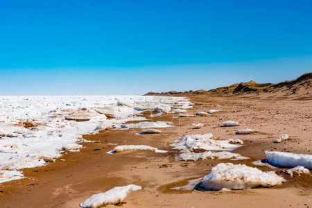 Congelado océano Atlántico norte paquete de hielo frente a la playa de Cavendish en Prince Edward Island National Park, PEI, Canadá