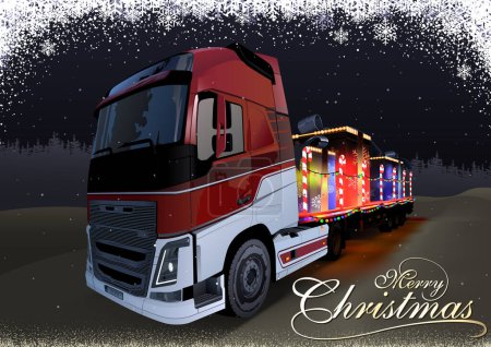 Illustration for Christmas Card with a Truck and Trailer Full of Gifts with Colorful Christmas Lights - Detailed Realistic Illustration, Vector - Royalty Free Image