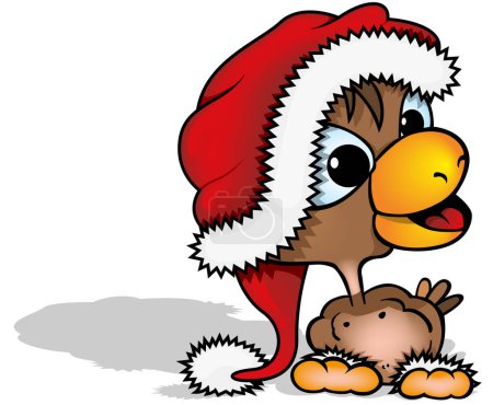 Ilustración de Pollo marrón con ojos azules con una tapa de Santa Claus en la cabeza - Ilustración de dibujos animados de colores aislados sobre fondo blanco, Vector - Imagen libre de derechos