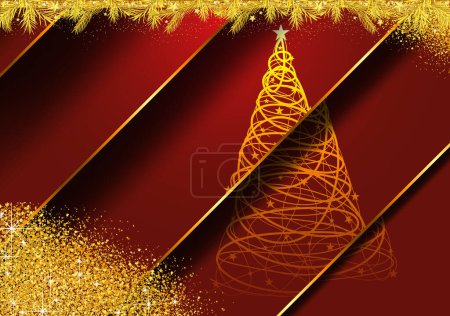 Illustration for Christmas Motif with an Abstract Christmas Tree on a Layered Red Background with Gold Decorations and Glitters - Modern Illustration, Vector - Royalty Free Image