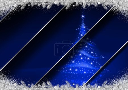 Téléchargez les illustrations : Motif de Noël avec un arbre de Noël abstrait sur un fond bleu stratifié avec des décorations en argent et des paillettes Illustration moderne, vecteur - en licence libre de droit