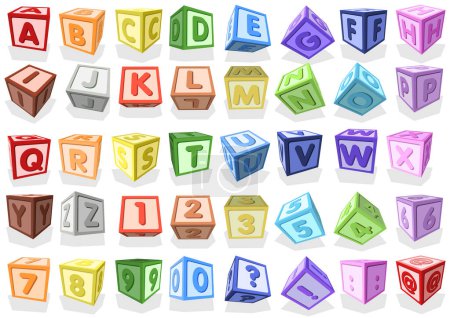 Ilustración de Set of Colorful Three-dimensional Cubes with Capital Letters and Numbers - Illustrations Isolated on White Background, Vector - Imagen libre de derechos