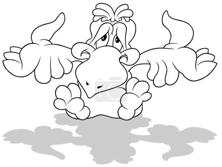 Téléchargez les illustrations : Dessin d'un perroquet grincheux assis aux ailes déployées Illustration de bande dessinée isolé sur fond blanc, vectoriel - en licence libre de droit