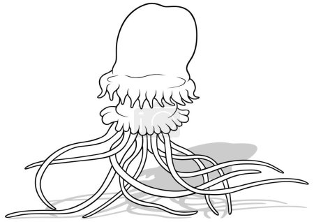Téléchargez les illustrations : Dessin d'une grande méduse avec de longues tentacules Illustration de bande dessinée isolée sur fond blanc, vecteur - en licence libre de droit