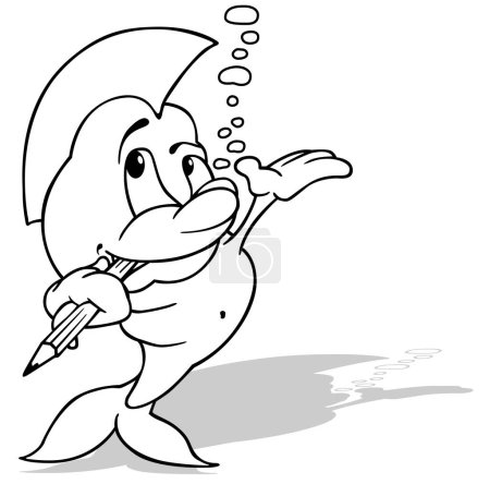 Téléchargez les illustrations : Dessin d'un poisson de mer mignon avec un crayon dans la bouche Illustration de bande dessinée isolé sur fond blanc, vecteur - en licence libre de droit