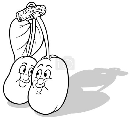 Téléchargez les illustrations : Dessin de deux prunes avec des visages suspendus à une brindille avec une feuille Illustration de bande dessinée isolée sur fond blanc, vectoriel - en licence libre de droit