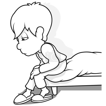 Illustration for Drawing of a Sad Boy Sitting on the Corner of the Bed - Cartoon Illustration Isolated on White Background, Vector - Royalty Free Image