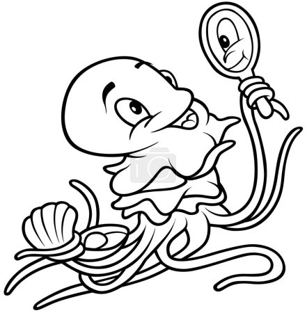 Ilustración de Dibujo de una medusa sosteniendo un espejo de bolsillo en un tentáculo - Ilustración de dibujos animados aislados sobre fondo blanco, Vector - Imagen libre de derechos