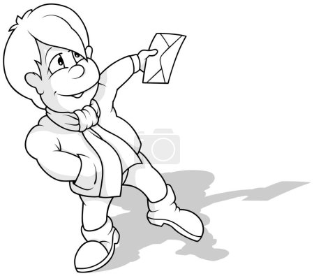 Ilustración de Dibujo de un niño en ropa de invierno sosteniendo un sobre de correo - Ilustración de dibujos animados aislados sobre fondo blanco, vector - Imagen libre de derechos
