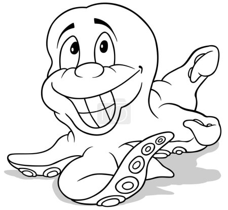 Téléchargez les illustrations : Dessin d'une pieuvre joyeuse avec un grand sourire - Illustration de bande dessinée isolée sur fond blanc, vecteur - en licence libre de droit